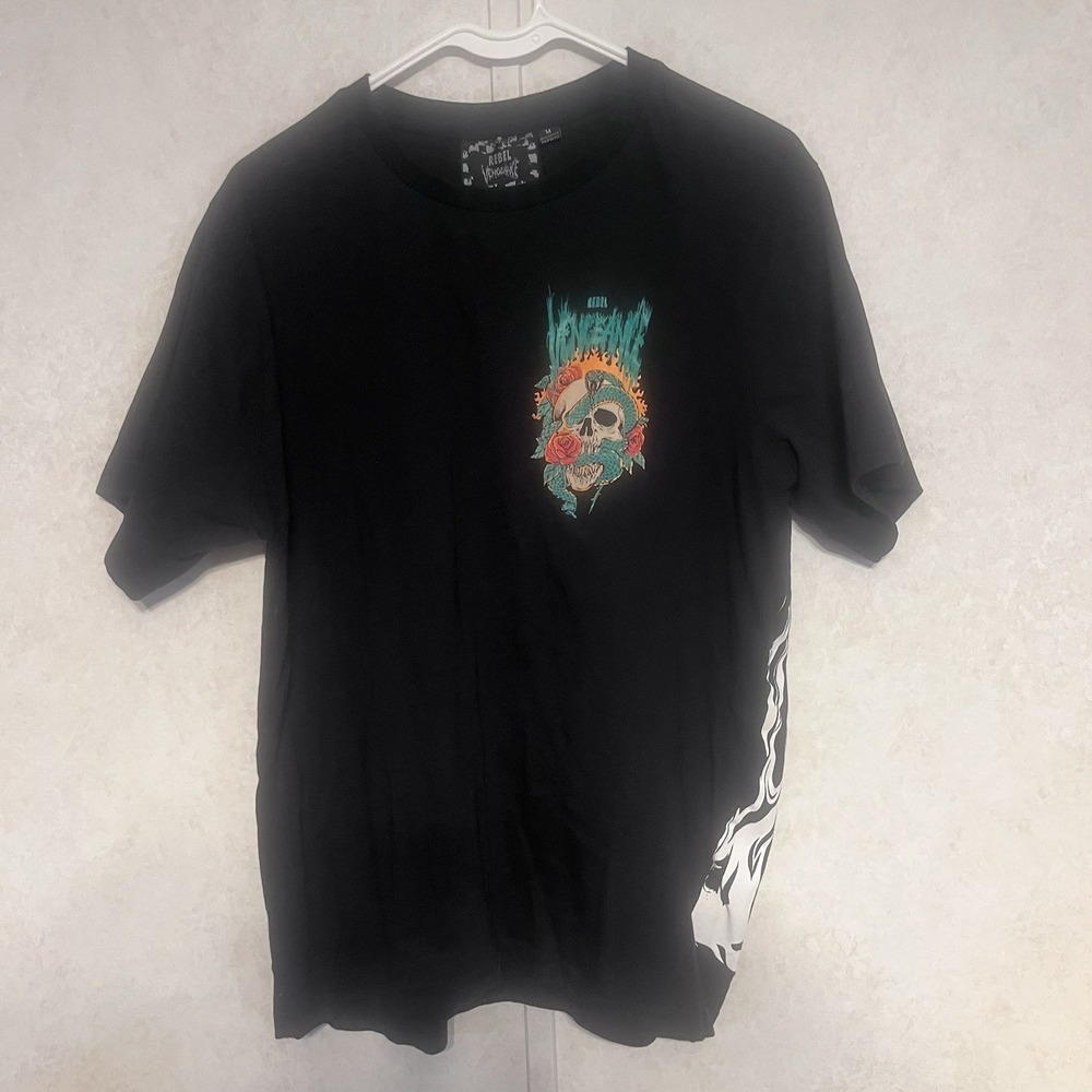 Original REBEL VENGEANCE Black Cotton T Shirt Mens M Skull Snake Rose